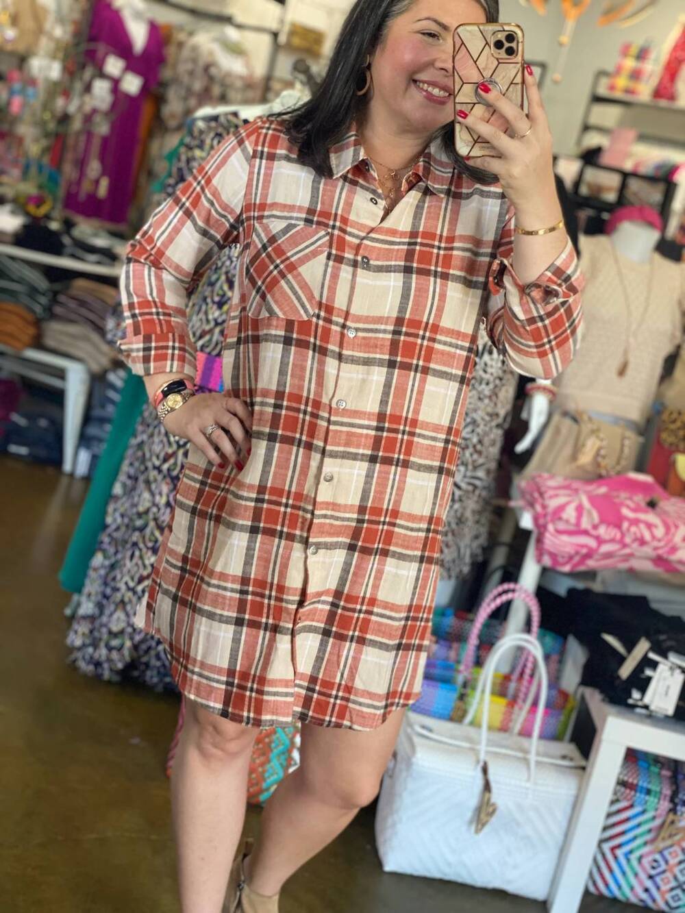 NEW STACCATO collared button closure plaid shirt dress in rust multi